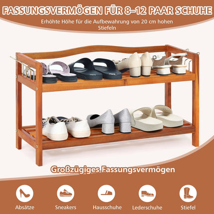 Étagère à chaussures à 2 niveaux en bois d'acacia avec crochets latéraux