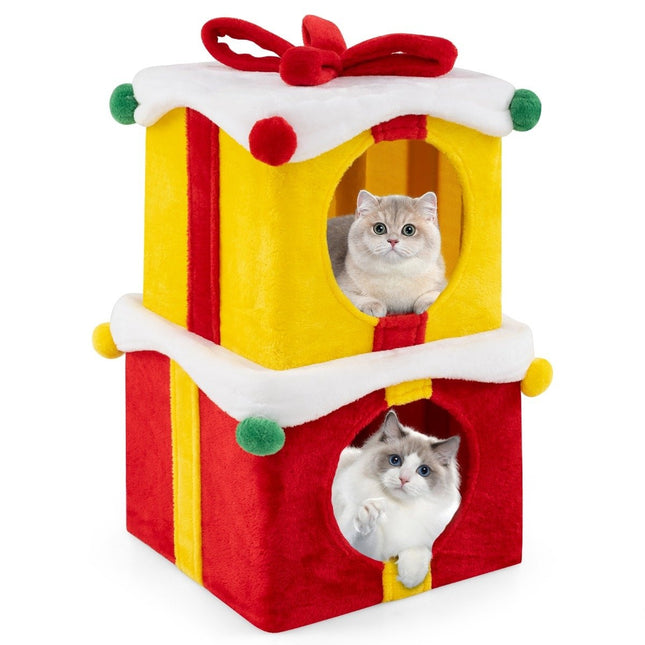 Weihnachts-Katzenhöhle mit 2 Etagen, mit Schleife und Ball, stapelbare Geschenkboxen, Katzenhaus