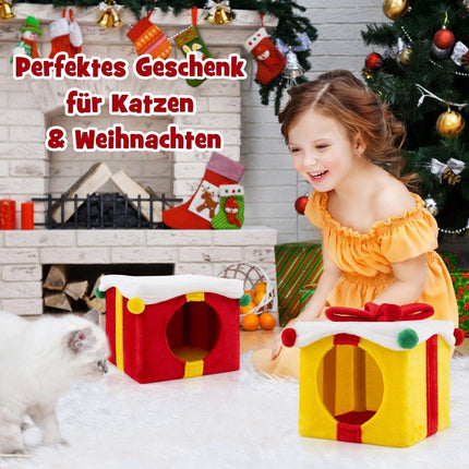 Grotte de Noël pour chat à 2 niveaux avec nœud et boule, coffrets cadeaux empilables, maison pour chat