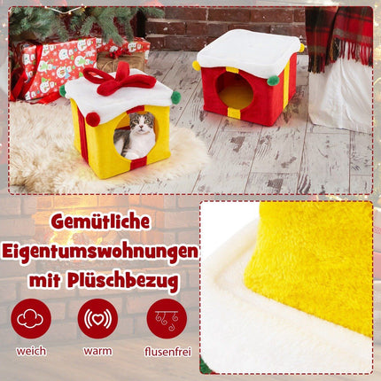 Grotte de Noël pour chat à 2 niveaux avec nœud et boule, coffrets cadeaux empilables, maison pour chat