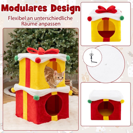 Grotte de Noël pour chat à 2 niveaux avec nœud et boule, coffrets cadeaux empilables, maison pour chat