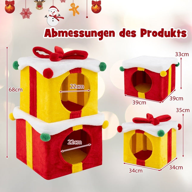 Weihnachts-Katzenhöhle mit 2 Etagen, mit Schleife und Ball, stapelbare Geschenkboxen, Katzenhaus