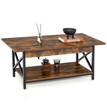 Table basse industrielle à 2 niveaux avec étagère et cadre en métal en forme de X marron