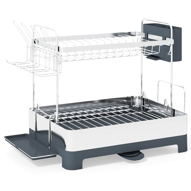 Égouttoir à vaisselle en métal à 2 niveaux avec supports pour verres et ustensiles