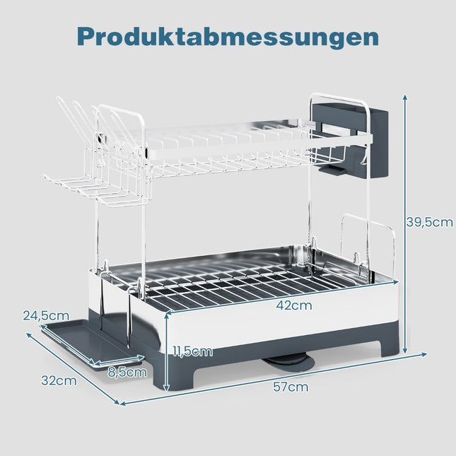 Égouttoir à vaisselle en métal à 2 niveaux avec supports pour verres et ustensiles