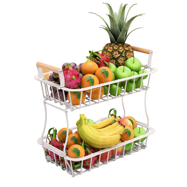 Corbeille à fruits en métal à 2 niveaux avec poignées en bois