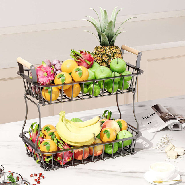 Corbeille à fruits en métal à 2 niveaux avec poignées en bois