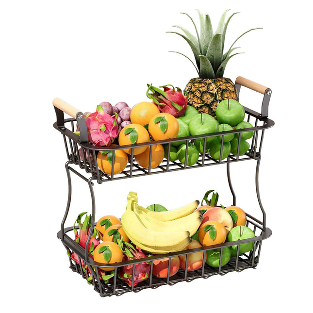 Corbeille à fruits en métal à 2 niveaux avec poignées en bois
