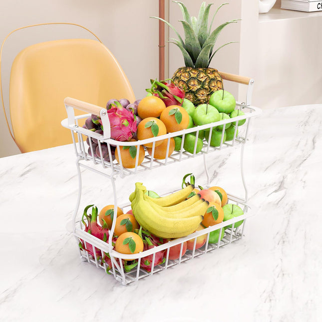 Corbeille à fruits en métal à 2 niveaux avec poignées en bois