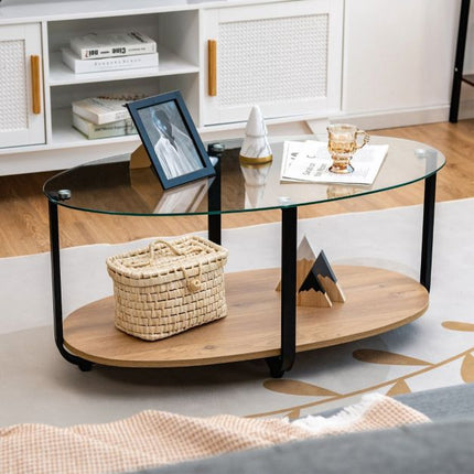Table basse ovale à deux niveaux – Plateau en verre trempé, étagère en bois