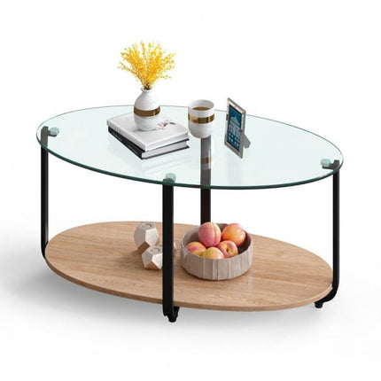 Table basse ovale à deux niveaux – Plateau en verre trempé, étagère en bois