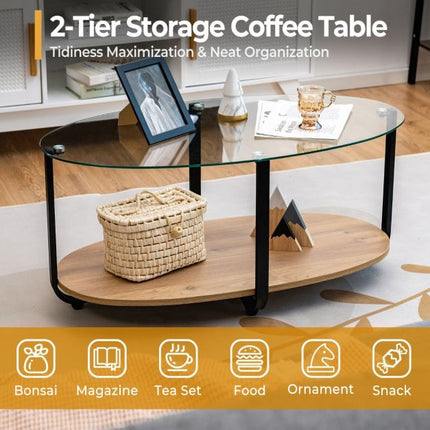 Table basse ovale à deux niveaux – Plateau en verre trempé, étagère en bois