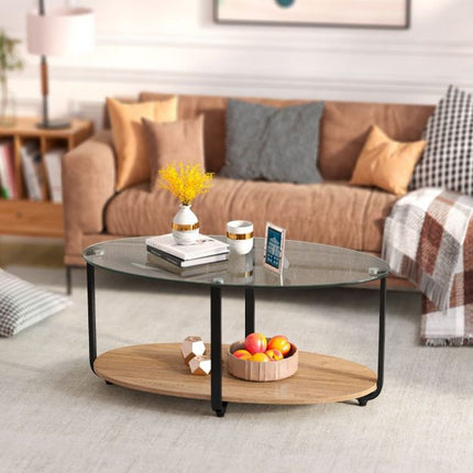 Table basse ovale à deux niveaux – Plateau en verre trempé, étagère en bois