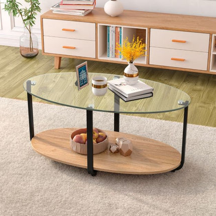 Table basse ovale à deux niveaux – Plateau en verre trempé, étagère en bois