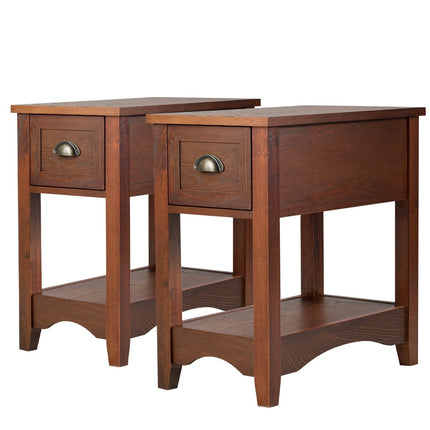 Ensemble de table d'appoint à 2 niveaux avec tiroir et étagère, rouge-brun