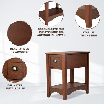 Ensemble de table d'appoint à 2 niveaux avec tiroir et étagère, rouge-brun