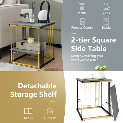 Table d'appoint carrée à 2 niveaux – Structure en métal, étagère amovible
