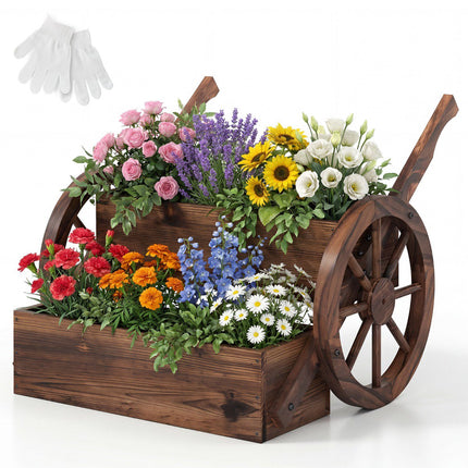 Jardinière à deux niveaux en forme de chariot avec roues, en bois de sapin, marron