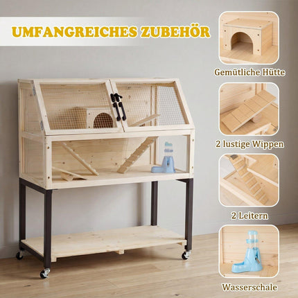 Cage à hamster en bois à 2 niveaux avec fenêtres en acrylique