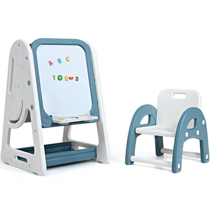 Chevalet d'art pour enfants 2 en 1, tableau magnétique double face bleu