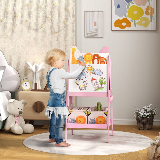Tableau noir pour enfants 2 en 1, chevalet pour enfants double face, chevalet avec tableau noir, tableau blanc, boîtes de rangement, pour enfants de 3 à 8 ans, rose