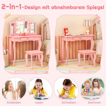 2 in 1 Kinder-Schminktisch mit LED-Leuchten &amp; Klappspiegel &amp; Schubladen Rosa