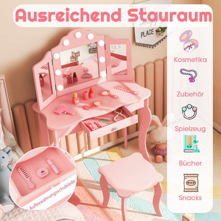 2 in 1 Kinder-Schminktisch mit LED-Leuchten &amp; Klappspiegel &amp; Schubladen Rosa