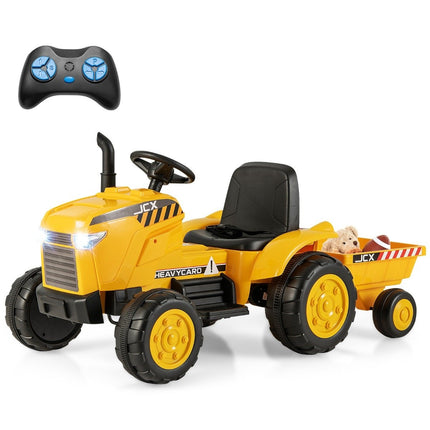 Tracteur électrique pour enfants 2 en 1 avec remorque et amp; Voiture jouet électrique télécommandée-jaune