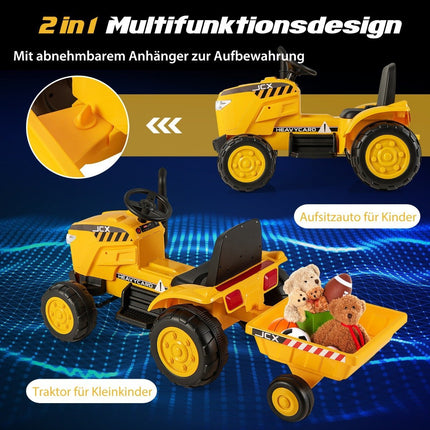 Tracteur électrique pour enfants 2 en 1 avec remorque et amp; Voiture jouet électrique télécommandée-jaune