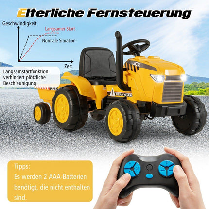 Tracteur électrique pour enfants 2 en 1 avec remorque et amp; Voiture jouet électrique télécommandée-jaune