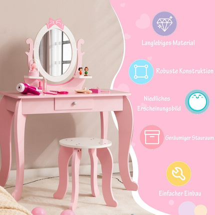 2-in-1 Kinder-Schminktisch-Set aus Holz mit Hocker für Kinder von 3-7 Jahren, Rosa + Weiß