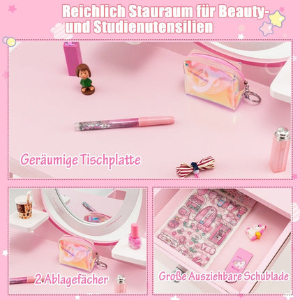 2-in-1 Kinder-Schminktisch-Set aus Holz mit Hocker für Kinder von 3-7 Jahren, Rosa + Weiß