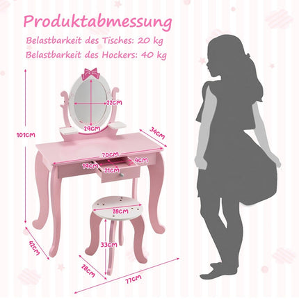 2-in-1 Kinder-Schminktisch-Set aus Holz mit Hocker für Kinder von 3-7 Jahren, Rosa + Weiß