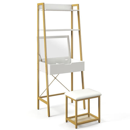 Coiffeuse 2 en 1 avec tabouret, miroir, étagères doubles et armoire cachée, blanc et or