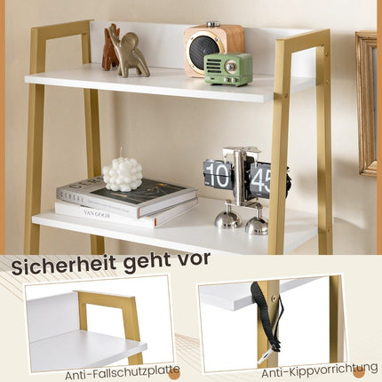 Coiffeuse 2 en 1 avec tabouret, miroir, étagères doubles et armoire cachée, blanc et or