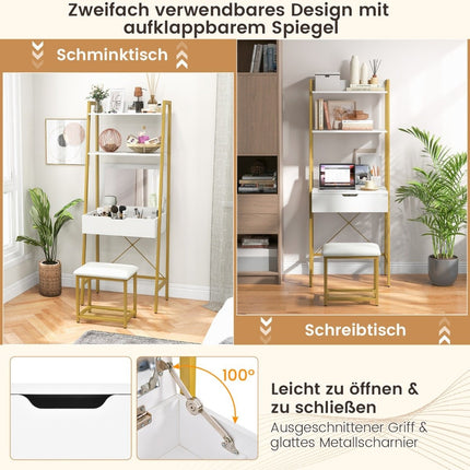 Coiffeuse 2 en 1 avec tabouret, miroir, étagères doubles et armoire cachée, blanc et or