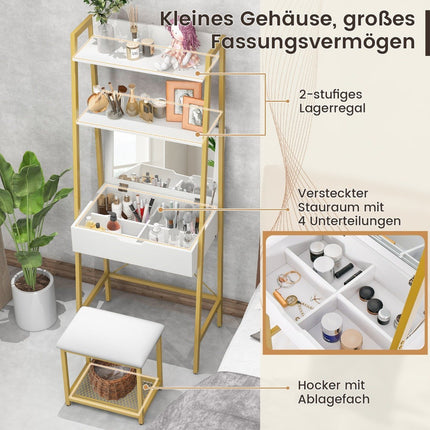 Coiffeuse 2 en 1 avec tabouret, miroir, étagères doubles et armoire cachée, blanc et or