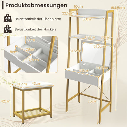 Coiffeuse 2 en 1 avec tabouret, miroir, étagères doubles et armoire cachée, blanc et or