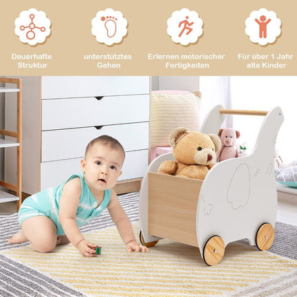 Trotteur 2 en 1 en bois en forme d'éléphant avec grand coffre à jouets blanc