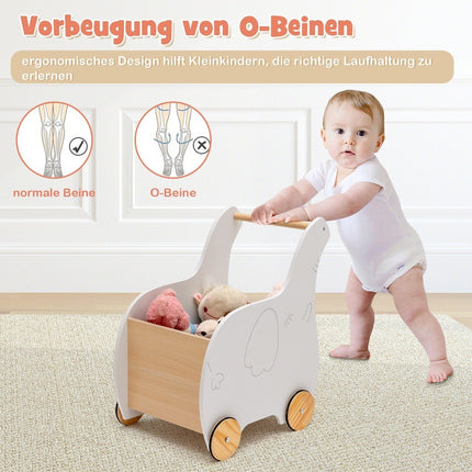 Trotteur 2 en 1 en bois en forme d'éléphant avec grand coffre à jouets blanc