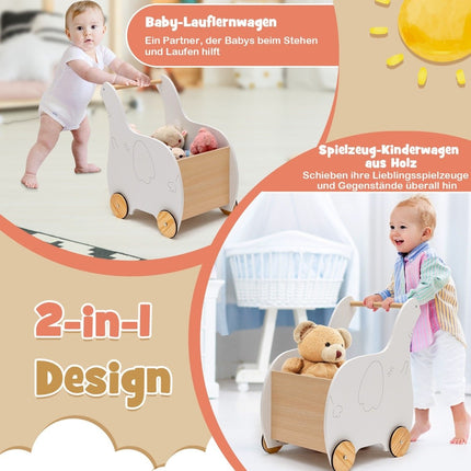 Trotteur 2 en 1 en bois en forme d'éléphant avec grand coffre à jouets blanc