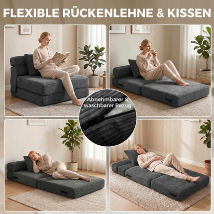 2-in-1 faltbares Bodenstuhl-Bett, Cordstoff, Dunkelgrau