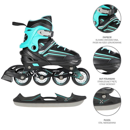 2-in-1 Inlineskates & Schlittschuhe, Schwarz/Blau, Größe L (39-43)