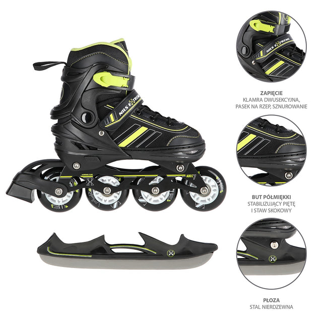 2-in-1 Inlineskates & Schlittschuhe, Schwarz/Limette, Größe L (39-43)