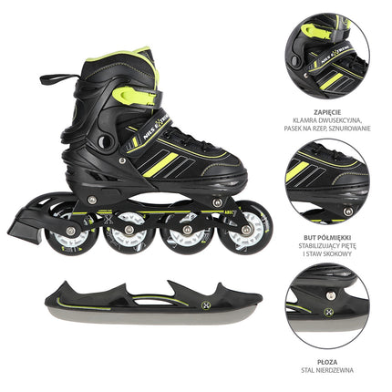 Patins à roues alignées et à glace 2 en 1, noir/vert citron, taille M (34-38)
