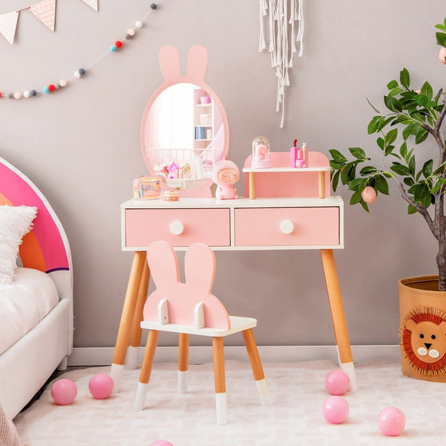 Ensemble coiffeuse et chaise pour enfants 2 en 1 avec miroir, 2 tiroirs et support de rangement rose