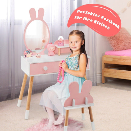2-in-1-Set mit Schminktisch und Stuhl für Kinder, mit Spiegel, 2 Schubladen und Ablage, Rosa