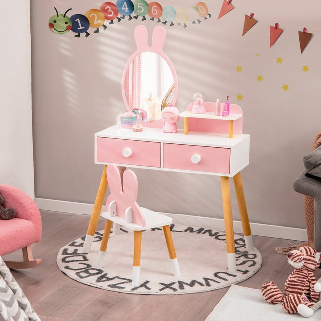 Ensemble coiffeuse et chaise pour enfants 2 en 1 avec miroir, 2 tiroirs et support de rangement rose