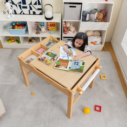 Table 2 en 1 en pin pour enfants avec plateau réversible et rangement