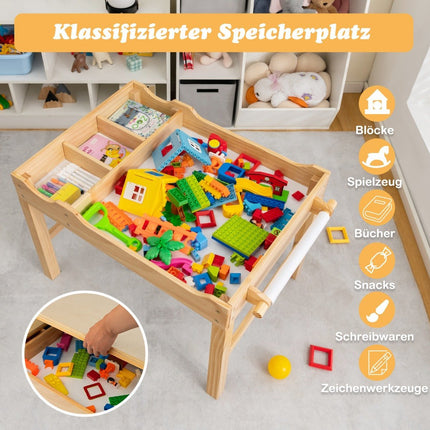 Table 2 en 1 en pin pour enfants avec plateau réversible et rangement